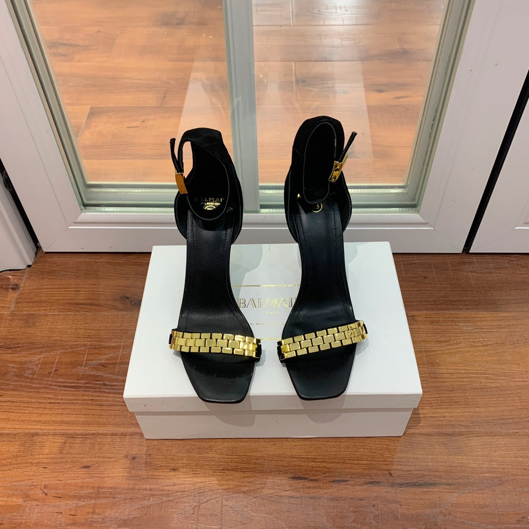BALMAIN 25S METAL STRAP HIGH HEELS 95MM IN BLACK SUEDE GOLD HARDWARE