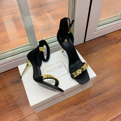 BALMAIN 25S METAL STRAP HIGH HEELS 95MM IN BLACK SUEDE GOLD HARDWARE