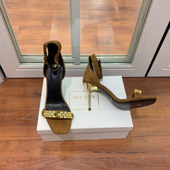 BALMAIN 25S METAL STRAP HIGH HEELS 95MM IN BROWN SUEDE GOLD HARDWARE