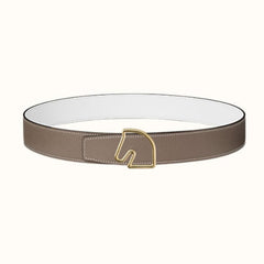 BOUCLE BELT BUCKLE & REVERSIBLE KHAKI BROWN AND WHITE LEATHER STRAP 38MM GOLD HARDWARE