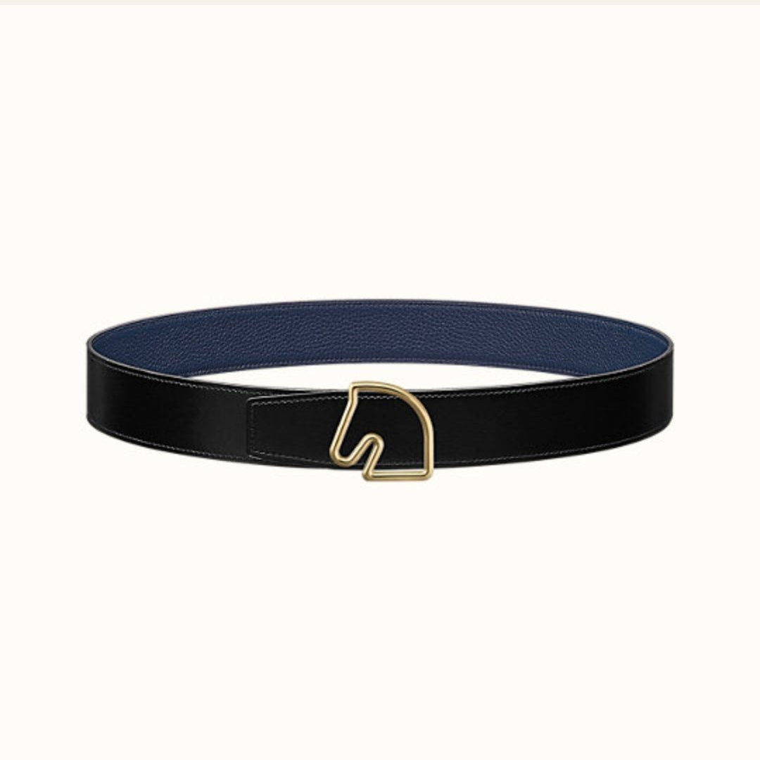 BOUCLE BELT BUCKLE & REVERSIBLE NAVY BLUE AND BLACK AND WHITE LEATHER STRAP 38MM GOLD HARDWARE