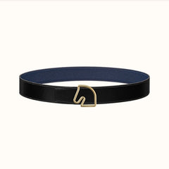BOUCLE BELT BUCKLE & REVERSIBLE NAVY BLUE AND BLACK AND WHITE LEATHER STRAP 38MM GOLD HARDWARE