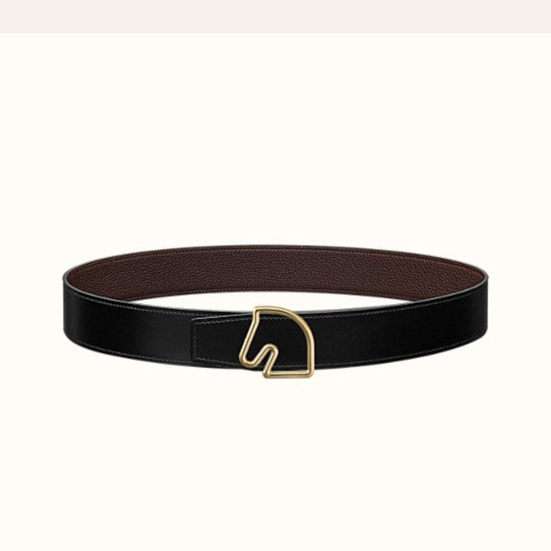 BOUCLE BELT BUCKLE & REVERSIBLE CHOCOLATE BROWN AND BLACK LEATHER STRAP 38MM GOLD HARDWARE