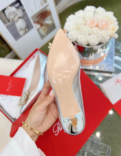 EFFLORESCENCE POINTED-TOE PUMPS IN SILVER SATIN WITH CRYSTAL BUCKLE