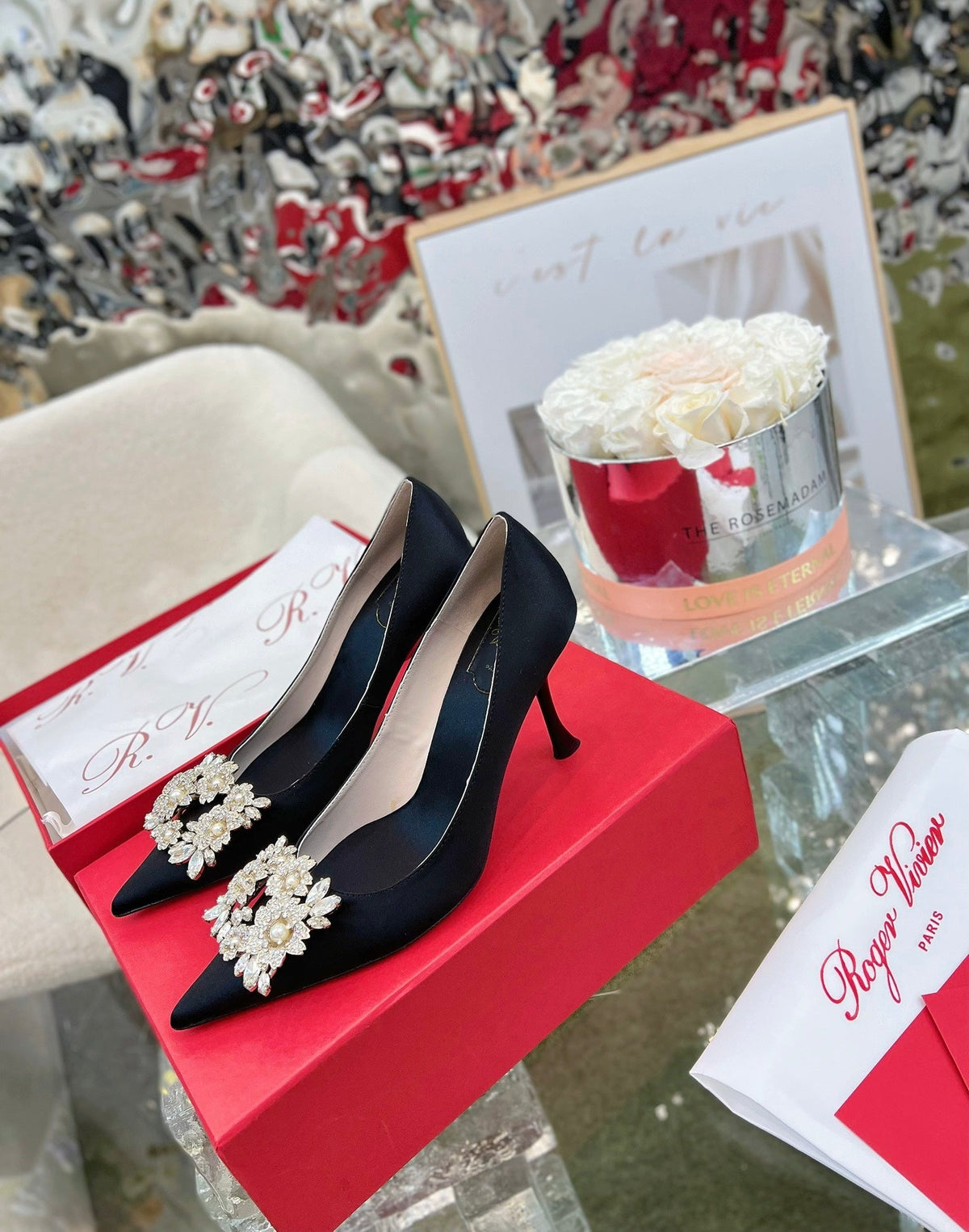 EFFLORESCENCE POINTED-TOE PUMPS IN BLACK SATIN WITH CRYSTAL BUCKLE