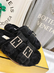 FENDI DAD SANDAL MULE IN BLACK SUEDE WITH FLEECE WITH GOLD HARDWARE