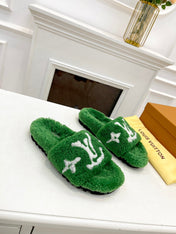 LV FLAT SLIPPER IN EMERALD GREEN MIX WHITE SHEARLING