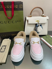 GG LOAFER IN WHITE MIX LIGHT PINK CALFSKIN WITH BEIGE WOOL LINING