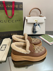 GG LOAFER IN PEANUT BROWN JACQUARD AND CHOCOLATE BROWN CALFSKIN WITH BEIGE WOOL LINING