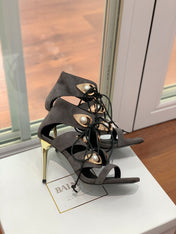 BALMAIN 25S HIGH HEELS 95MM IN CHARCOAL BROWN SUEDE WITH PEARL