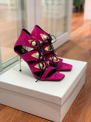 BALMAIN 25S HIGH HEELS 95MM IN FUCHSIA SUEDE WITH PEARL