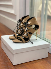 BALMAIN 25S HIGH HEELS 95MM IN LIGHT BROWN SUEDE WITH PEARL