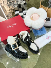 VIV' GO THICK ANKLE BOOTS IN BLACK CALFSKIN AND SHEARLING WITH GOLD BUCKLE