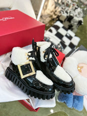 VIV' GO THICK ANKLE BOOTS IN BLACK CALFSKIN AND SHEARLING WITH GOLD BUCKLE