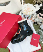 VIV' RANGERS CHELSEA BOOTIES IN PATENT BLACK CALFSKIN FLEECE LINING GOLD BUCKLE