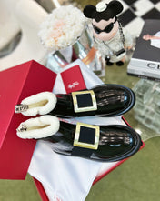 VIV' RANGERS CHELSEA BOOTIES IN PATENT BLACK CALFSKIN FLEECE LINING GOLD BUCKLE