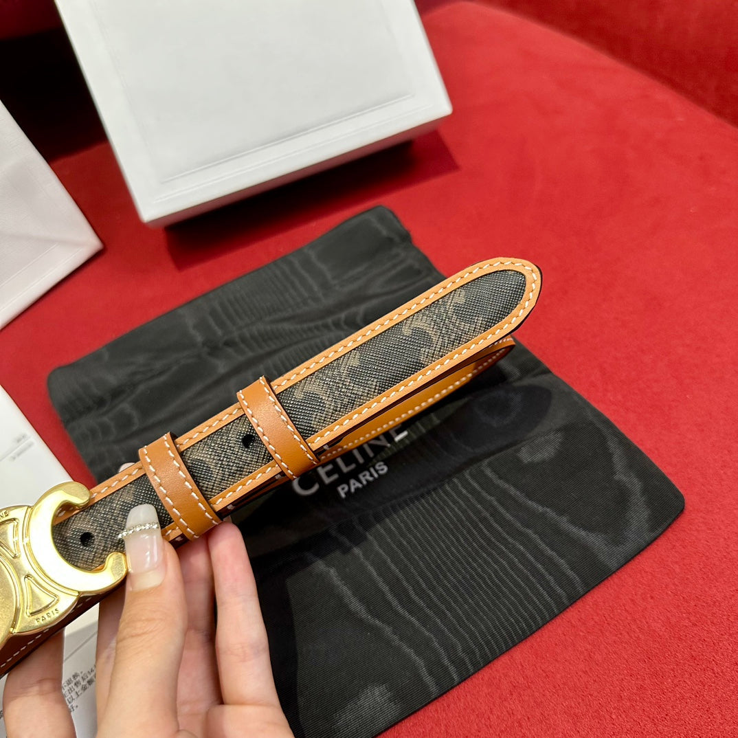 TRIOMPHE BELT 25MM REVERSIBLE IN DARK BROWN LOGO PRINT AND BROWN CALFSKIN WITH GOLD BUCKLE