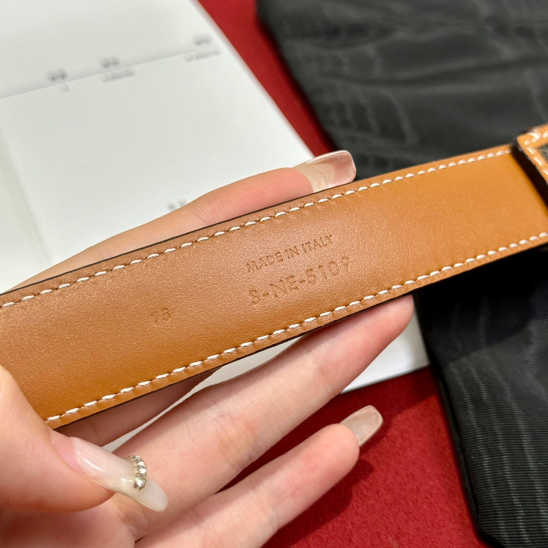 TRIOMPHE BELT 25MM REVERSIBLE IN DARK BROWN LOGO PRINT AND BROWN CALFSKIN WITH GOLD BUCKLE