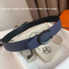 LUCK BELT BUCKLE & REVERSIBLE AEGEAN BLUE AND BLACK LEATHER STRAP 38MM BLACK HARDWARE