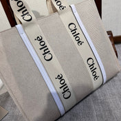 LAGRE WOODY TOTE BAG 45 IN BEIGE LINEN CANVAS BLACK WEBBING LOGO EMBROIDER WHITE CALFSKIN