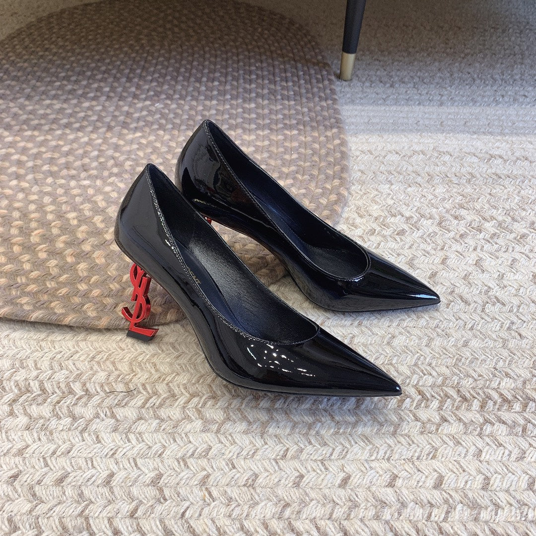 OPYUM RED HEEL PUMPS IN BLACK GLOSSY CALFSKIN