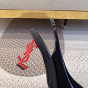 OPYUM RED HEEL SLINGBACK PUMPS IN BLACK GLOSSY CALFSKIN