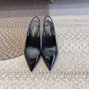 OPYUM GOLD HEEL SLINGBACK PUMPS IN BLACK GLOSSY CALFSKIN