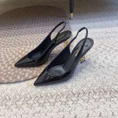 OPYUM GOLD HEEL SLINGBACK PUMPS IN BLACK GLOSSY CALFSKIN