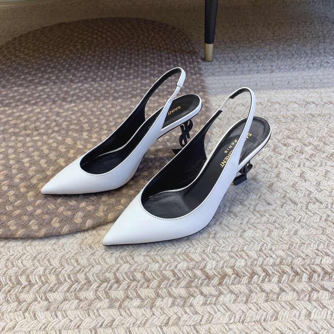 OPYUM BLACK HEEL SLINGBACK PUMPS IN WHITE SMOOTH LAMBSKIN