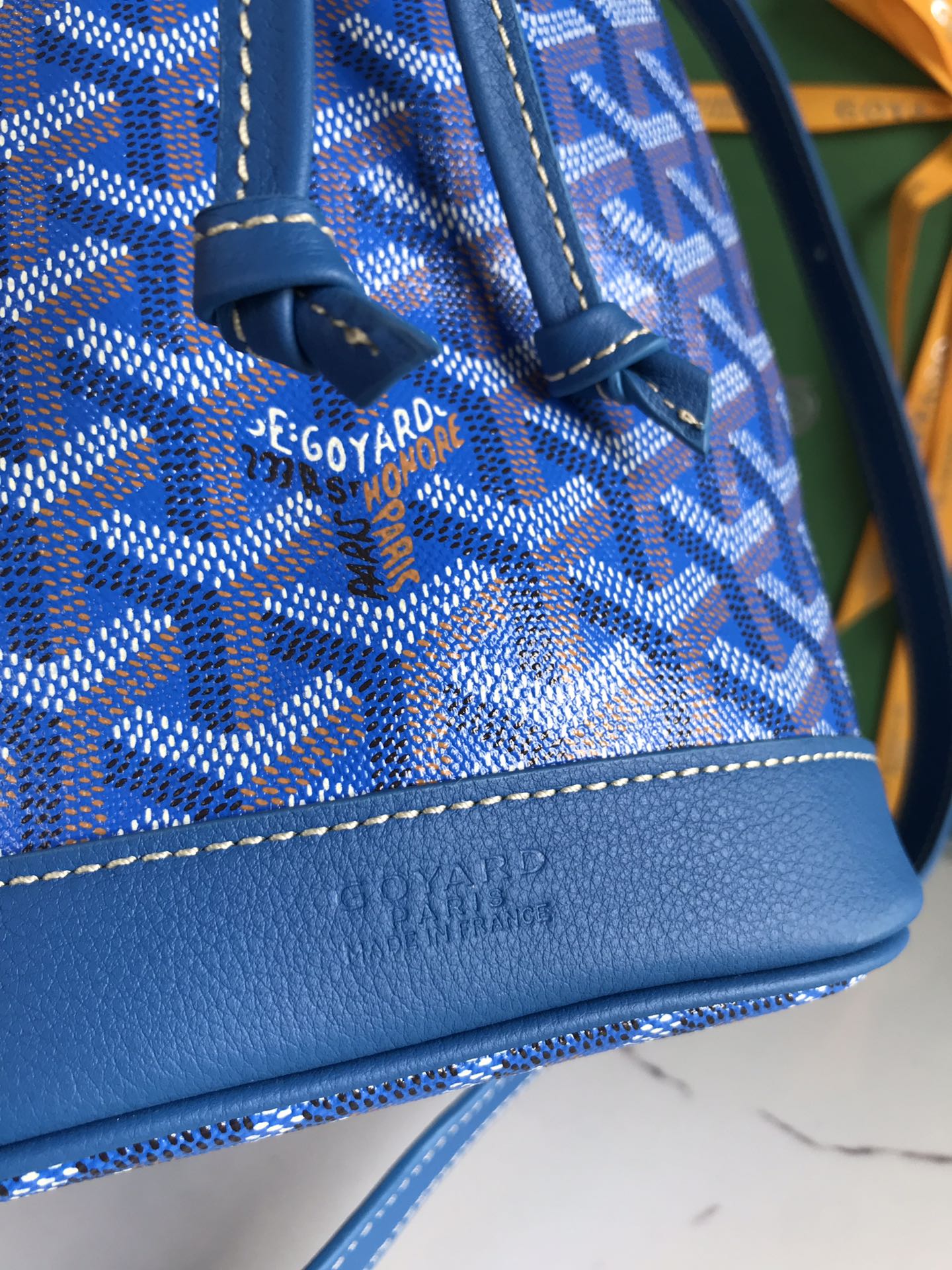 PETIT FLOT BUCKET BAG 22 IN SAPPHIRE BLUE GOYARDINE CANVAS AND LAMBSKIN TRIM