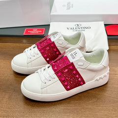 VALENTINO 25S GARAVANI ROCKSTUD UNTITLED STUDDED SNEAKERS IN WHITE LAMBSKIN AND RED STONE-EMBELLISHED