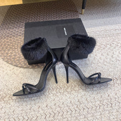 HIGH HEEL SANDAL IN BLACK POLISHED CALFSKIN AND MINK FUR
