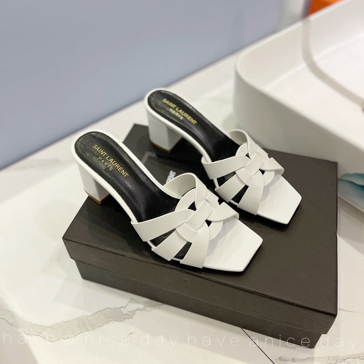 SL TRIBUTE MULES WHITE CALFSKIN