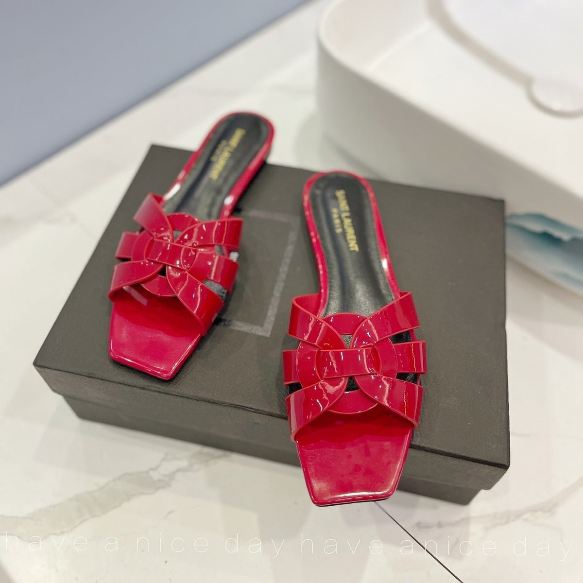SL TRIBUTE SLIPPERS GLOSSY RED CALFSKIN