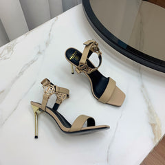 BALMAIN 25S HIGH HEELS WITH B METAL DETAIL 95MM IN LIGHT BROWN CALFSKIN