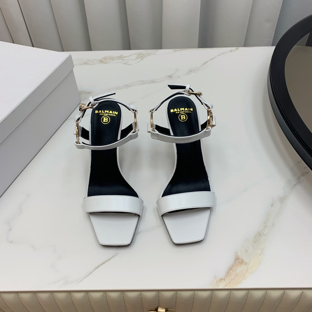 BALMAIN 25S HIGH HEELS WITH B METAL DETAIL 95MM IN LIGHT GRAY CALFSKIN