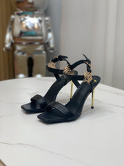 BALMAIN 25S HIGH HEELS WITH B METAL DETAIL 95MM IN BLACK CALFSKIN