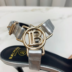 BALMAIN 25S HIGH HEELS WITH B METAL DETAIL 95MM IN SILVER CALFSKIN