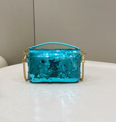 BAGUETTE MINI 19 IN BRIGHT TURQUOISE SEQUINS GOLD HARDWARE