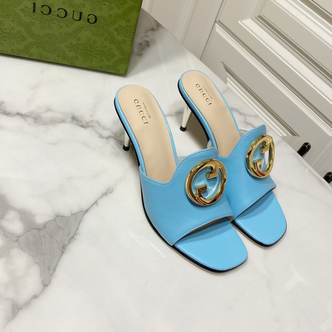 GG HIGH HEELS BLONDIE 75 IN SKY BLUE LAMBSKIN WITH GOLD HARDWARE
