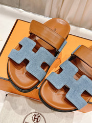 CHYPRE SANDAL BRIGHT BROWN LAMBSKIN AND BLUE DENIM