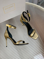 BALMAIN 25S METAL BUCKLE HIGH HEELS 95MM IN GOLD CALFSKIN