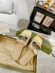 GG SPARKLE CRYSTAL SLIDE SANDAL METALLIC GOLD CALFSKIN