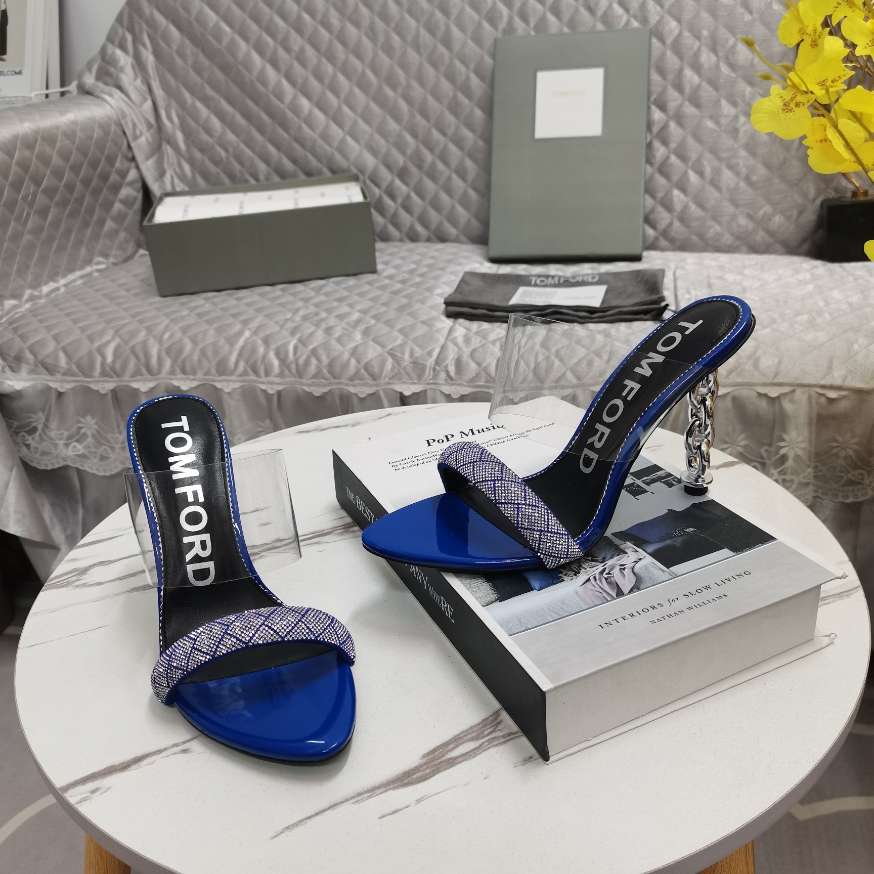 CRYSTAL HIGH HEEL MULE 10 CM IN NAVY BLUE LAMBSKIN