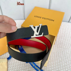LV Initiales 30mm Reversible Belt Silver Buckle Red Black Leather