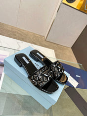 PRA EMBROIDERED SLIDES FLAT BLACK CALFSKIN