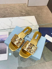 PRA EMBROIDERED SLIDES FLAT METALLIC GOLD CALFSKIN