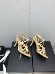 FLORAL HIGH HEEL SANDAL IN SAND YELLOW LAMBSKIN