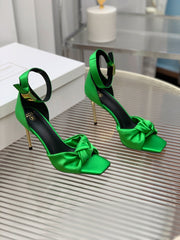 BALMAIN 25S KNOTTED HIGH HEELS 95MM IN KELLY GREEN SATIN