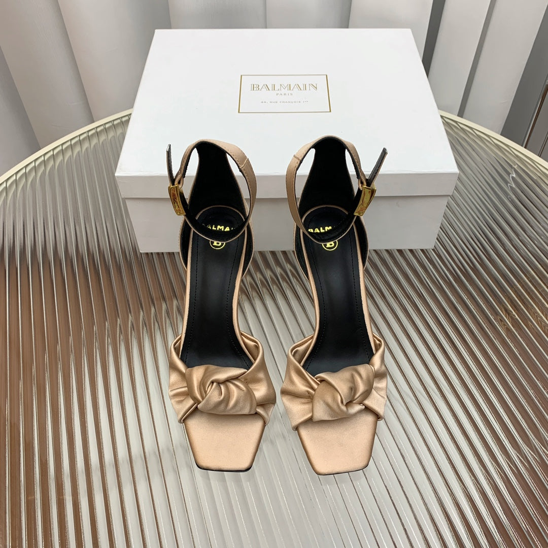 BALMAIN 25S KNOTTED HIGH HEELS 95MM IN LIGHT CARAMEL SATIN
